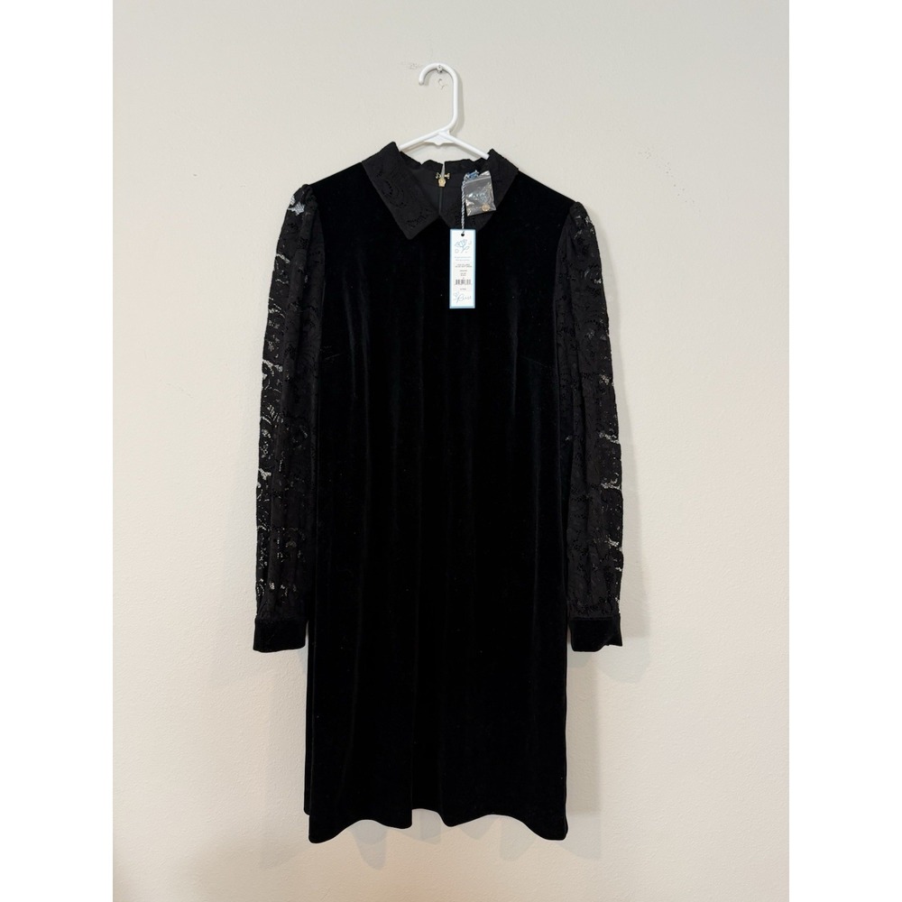 Draper James Black Velvet Long Sleeve Dress with Lace Sleeves